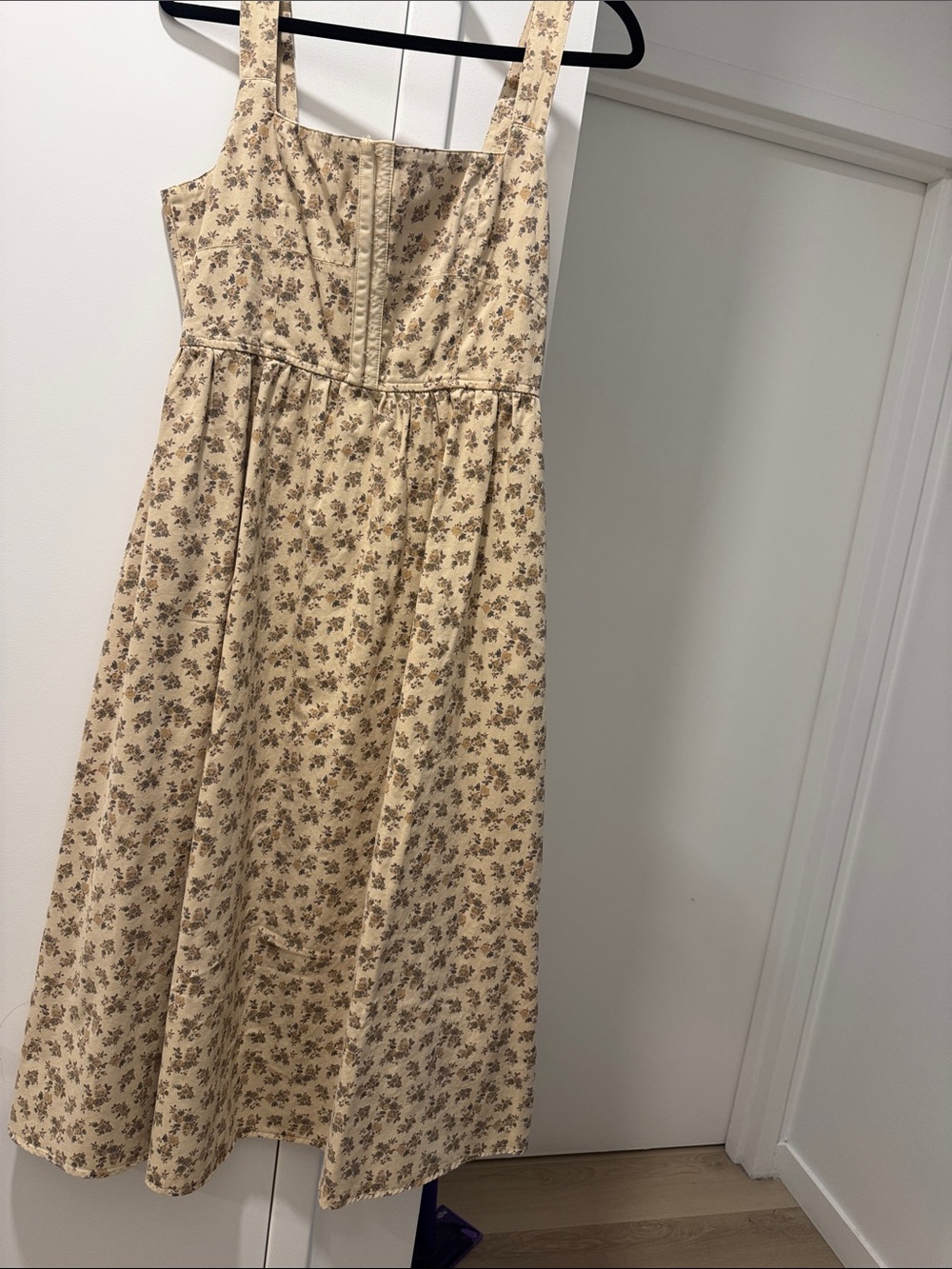 Moon River Cream Floral Midi Dress with Square Neck